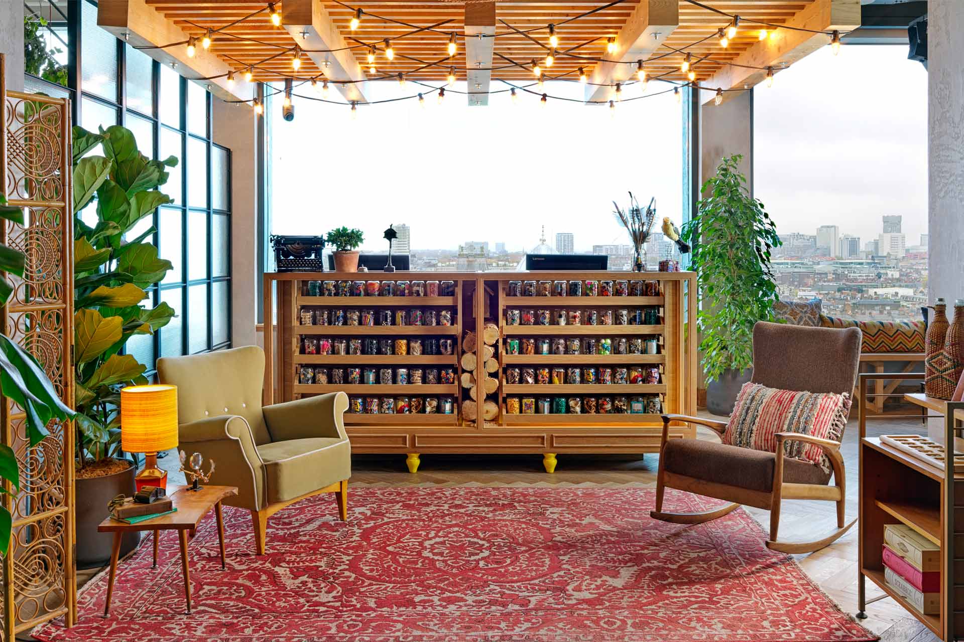 The lobby at Treehouse Hotel in London, UK