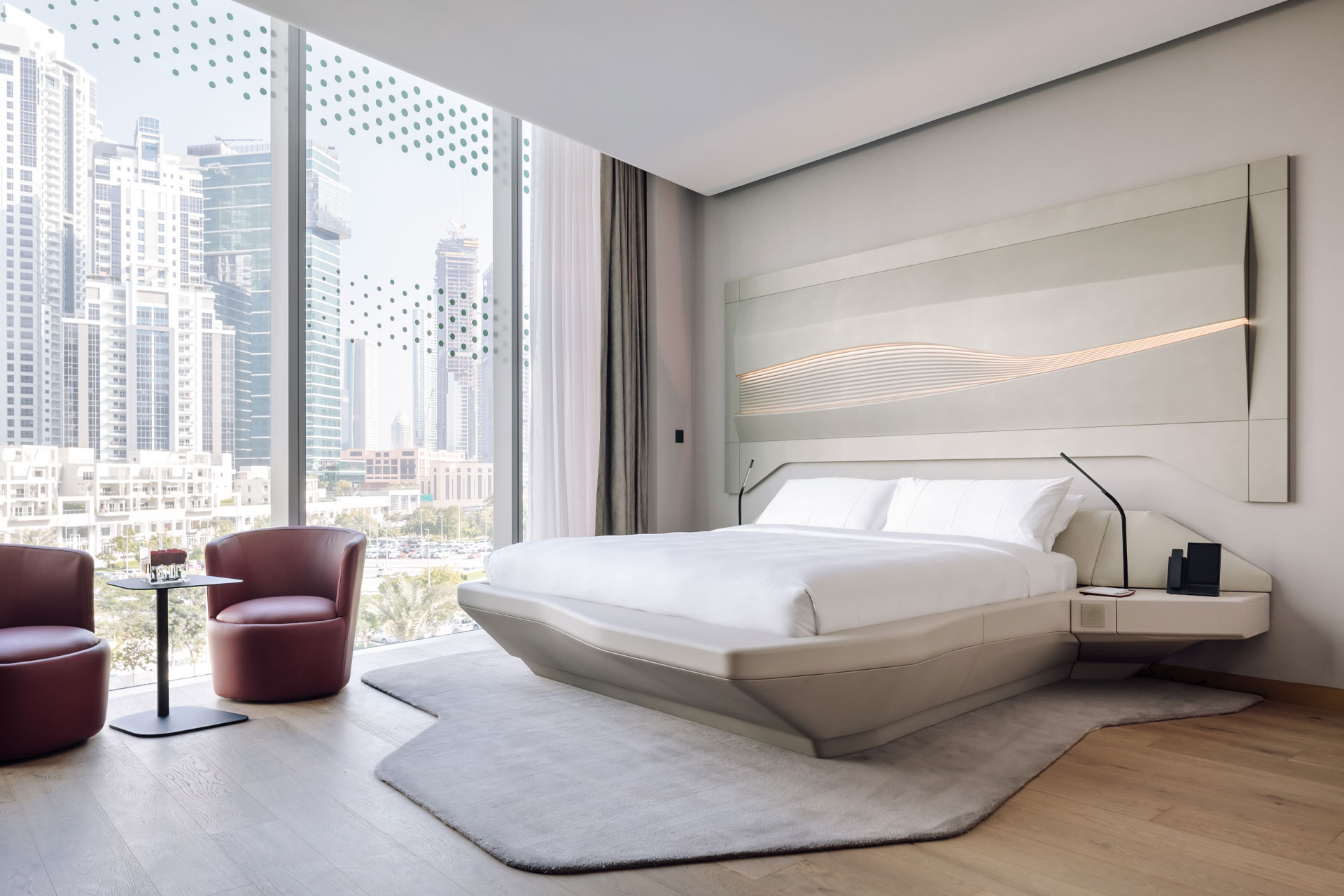 A guestroom at ME Dubai by Zaha Hadid Architects