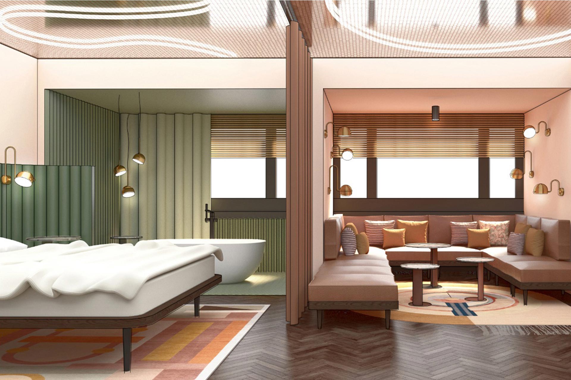 A rendering of a guestroom at Sir Frankie hotel in Berlin, Germany