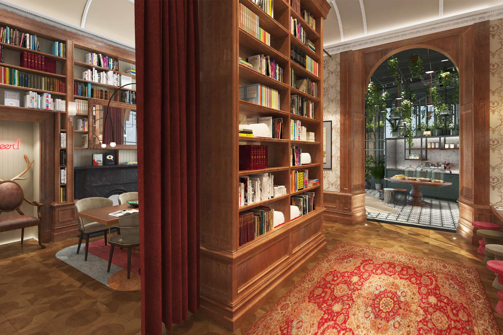 A rendering of the Funny Library Coffee Shop at Virgin Hotels Edinburgh in Scotland