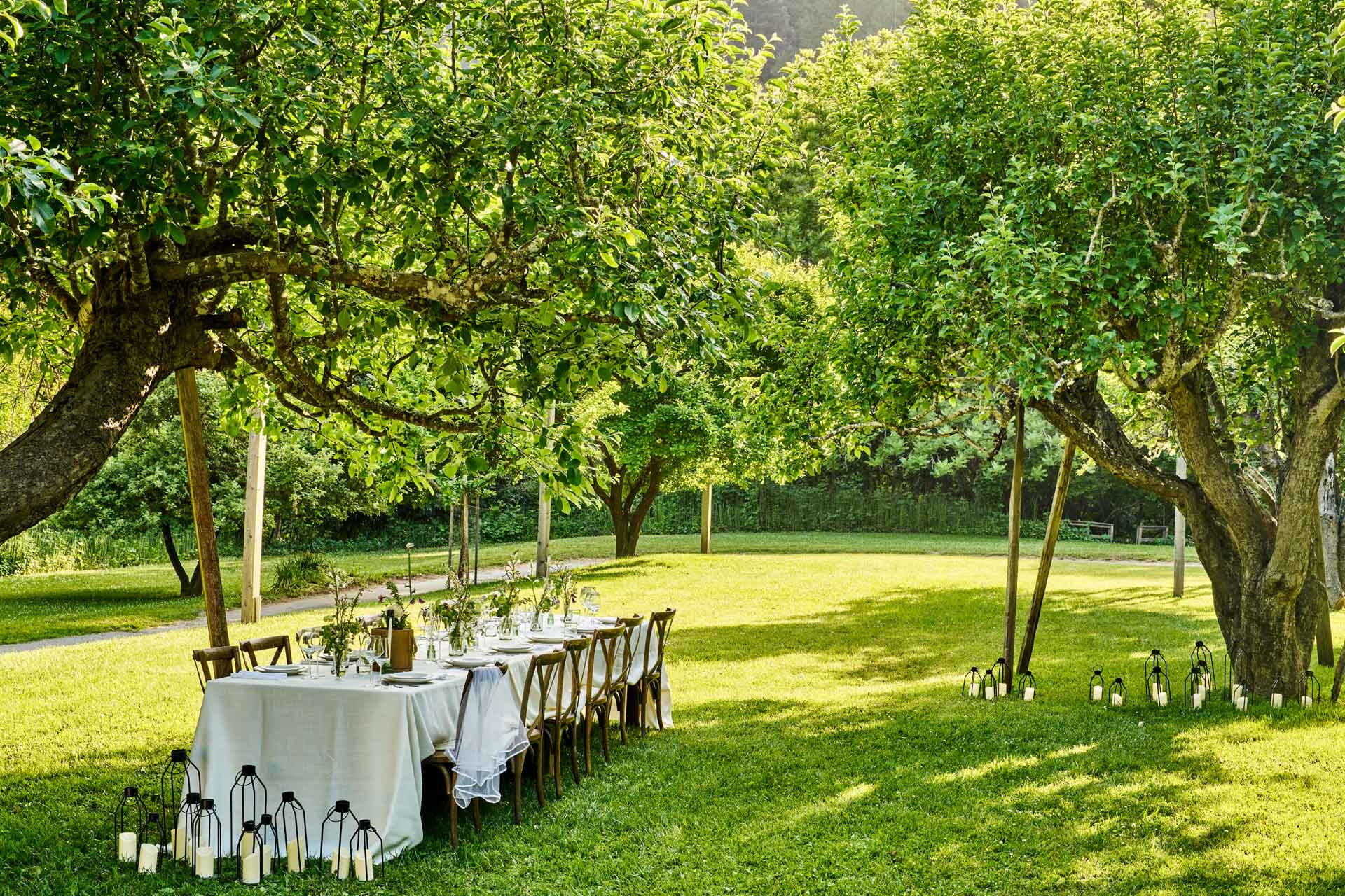 Dawn Ranch Orchard garden with dinner table